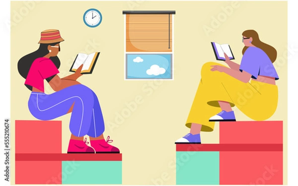 Obraz Two young girls reading books in her study room. Vector illustration.