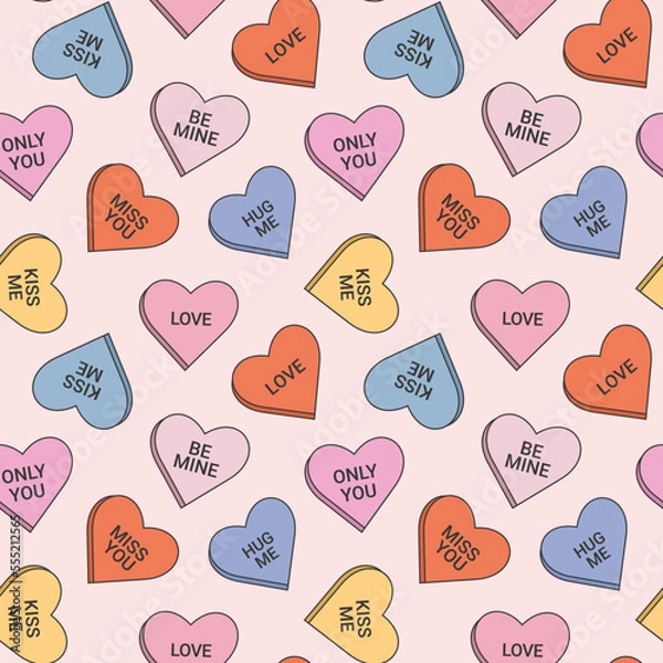 Obraz Seamless pattern in trendy retro groovy style. With valentines day elements. Candy hearts