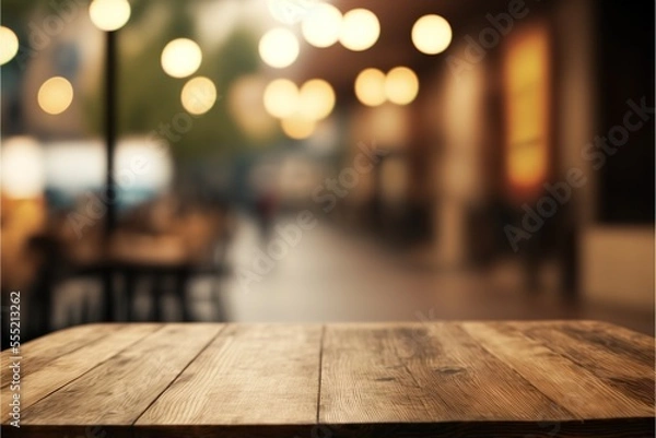 Fototapeta Selected focus empty brown wooden table and Coffee shop or restaurant blur background with bokeh image. for your photo montage or product display. Generative AI