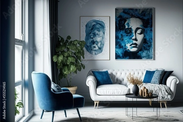 Fototapeta White sofa and blue armchair in living room with posters on the wall. Generative AI