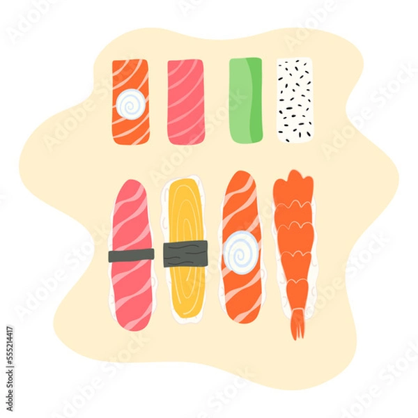 Fototapeta Japanese nigiri sushi vector set. Different types of sushi with salmon tuna egg shrimp Asian food.