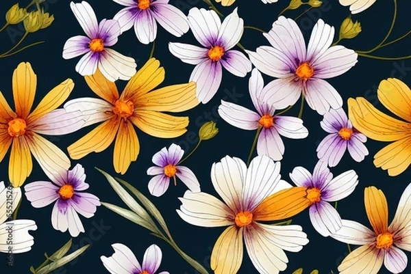 Fototapeta Cosmos, coreopsis, bells, lavender, and green leaves on branches make up this floral seamless design. Watercolor textile or wallpaper design with an emphasis on detail. Generative AI