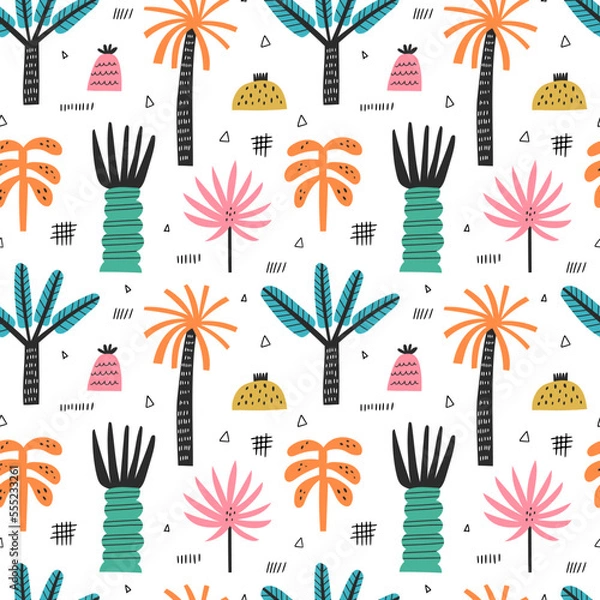 Fototapeta Tropical beach palm trees vector seamless pattern. Hand drawn jungle background 