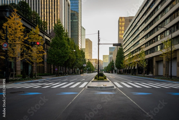 Fototapeta Empty wide road through office buildings in city center at sunrise