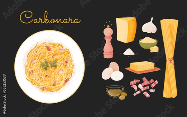 Fototapeta Pasta carbonara recipe instruction. Carbonara concept preparation steps with ingredients. Vector cartoon illustration with food elements. Spaghetti Italian Cuisine infographic.