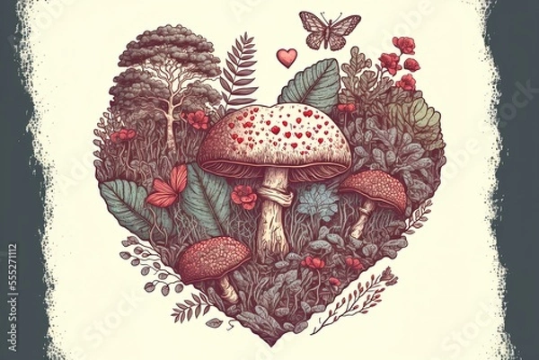 Fototapeta Mushroom Heart Every Mushroom. True love of mushrooms. Generative ai illustration for you web, valentine card orT-Shirt Design For Mushroom Lovers.
