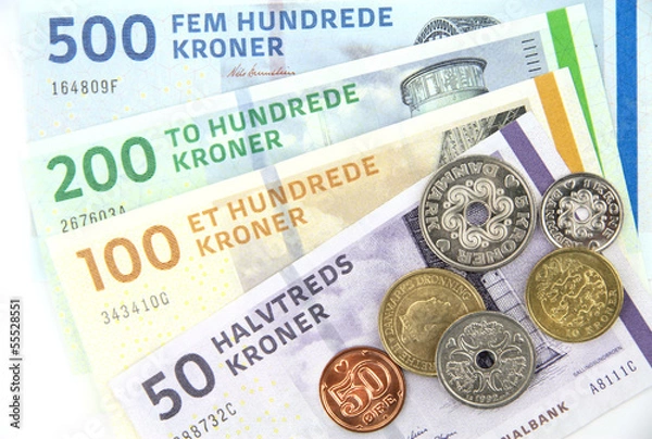 Obraz Danish kroner, coins and banknotes.