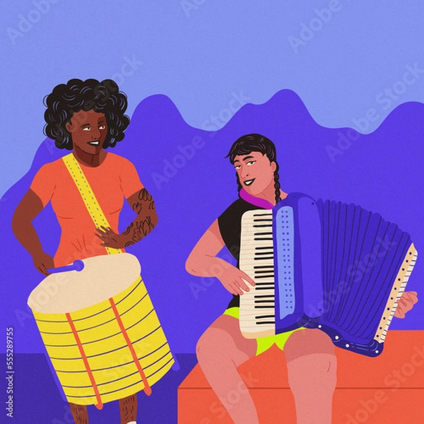 Fototapeta playing drums accordion with crowd in the background