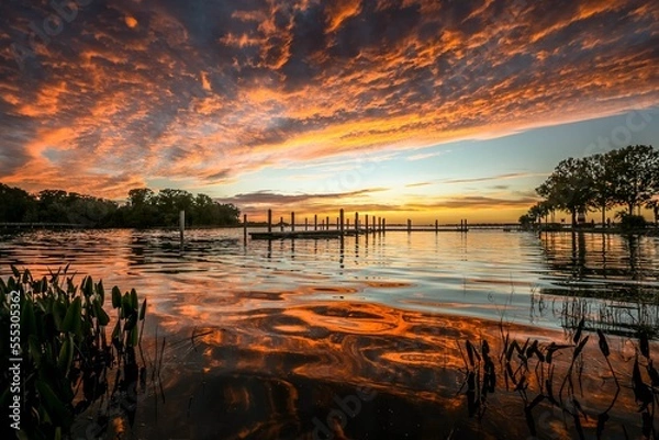 Fototapeta Fiery red and orange clouds and reflections on Lake Dora in Florida