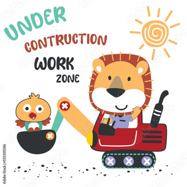 Obraz Cute little lion on a red excavator. Can be used for t-shirt print, kids wear fashion design, print for t-shirts, baby clothes, poster. and other decoration.