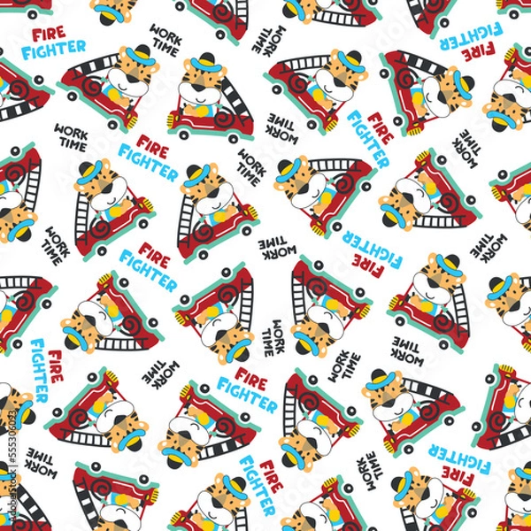 Obraz Seamless pattern of fire fighter car with tiger fire fighter animal cartoon. Creative vector childish background for fabric, textile, nursery wallpaper, card, poster and other decoration.