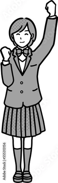 Fototapeta ガッツポーズで応援する制服を着た女子のイラスト　全身　モノクロ