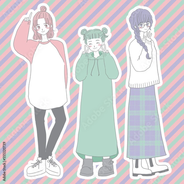 Obraz かわいい女性3人の全身イラスト　背景・白フチあり