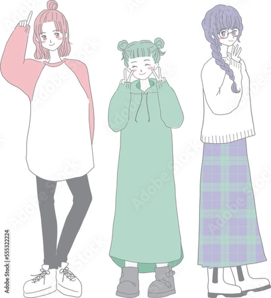 Obraz かわいい女性3人の全身イラスト　背景なし
