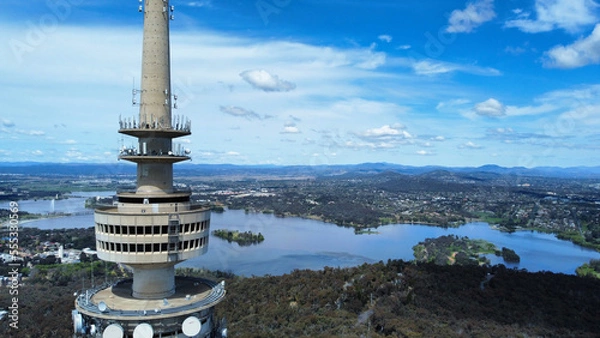 Obraz Aerial close-up view of Telstra Tower in Canberra, the capital of Australia showing a beautiful panoramic view of the city and Lake Burley Griffin