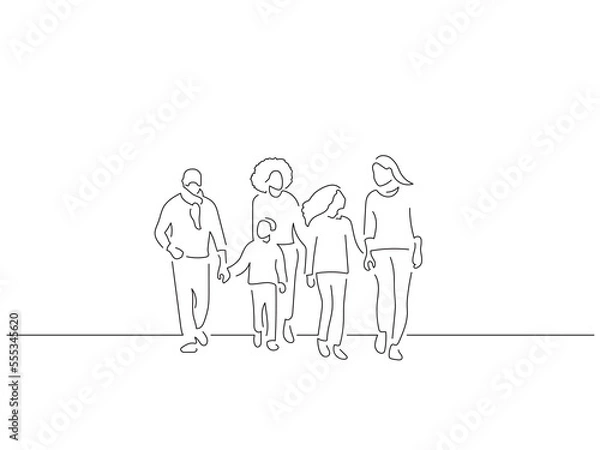 Fototapeta Family walking in line art drawing style. Composition of casual people. Black linear sketch isolated on white background. Vector illustration design.