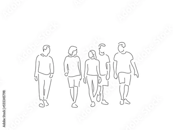 Fototapeta Group of people walking in line art drawing style. Composition of casual people. Black linear sketch isolated on white background. Vector illustration design.