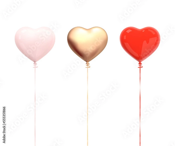Fototapeta Heart Balloons Set. Gold, Red, Pink. 3d realistic colorful balloon heart with ribbon isolated on white background. Valentine's Day, Wedding, Birthday, Anniversary, Mother's Day decorations. 3D vector