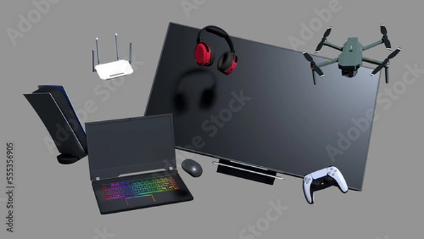 Obraz 3d model and render of TV and computer equipment with a game console for advertising and sales.