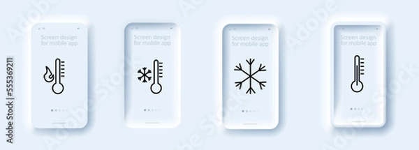 Fototapeta Temperature control icons set. Heat, cold, snowflake, snow, thermometer, climate, fresh air, ecology. Temperature control concept. Neomorphism style. Vector line icon for business