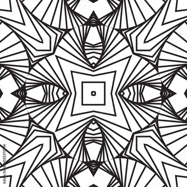 Fototapeta Monochrome 3D dimensional lined cubes in seamless pattern, on a white background. Geometric shapes from the black lines.