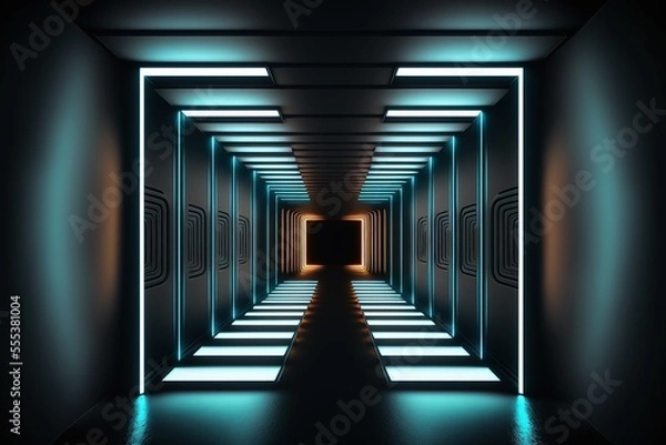 Fototapeta Abstract light tunnel, corridor with neon light. Hi-tech sci-fi passageway. Metallic light reflection. AI