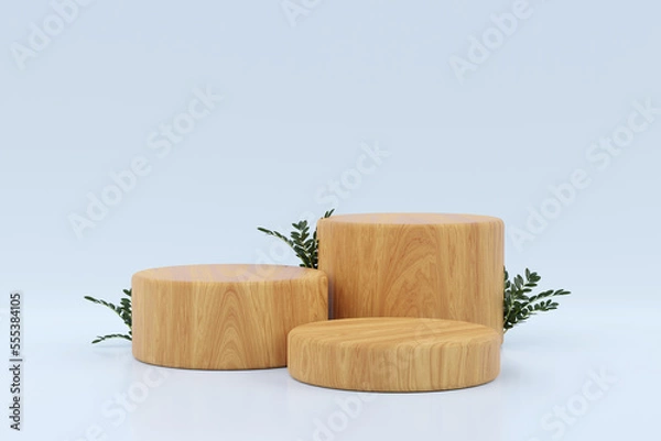 Fototapeta Abstract minimal scene with geometric forms. wood podium in blue background with plants.3d render