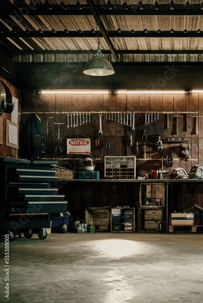 Fototapeta Workshop scene. Old tools hanging on wall in workshop, Tool shelf against a table and wall, vintage garage style