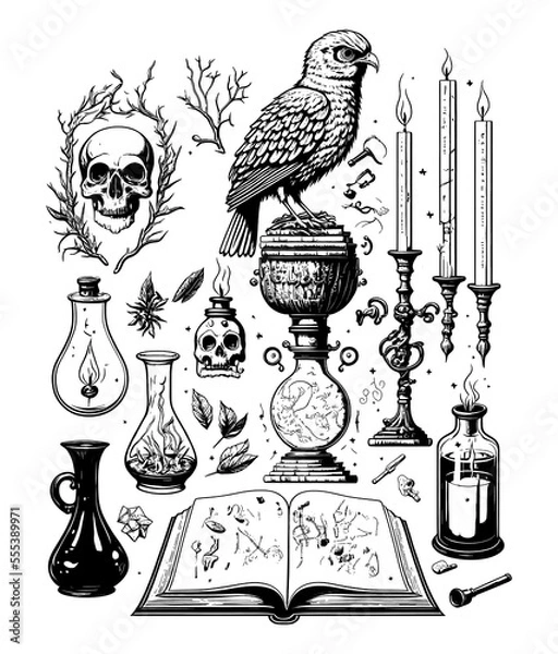 Fototapeta Alchemy Lab Witchy Magic Elements, Witchcraft Items, Tattoo Set, Crystals, Skulls, Potions, Bugs, Candles, Herbs, Raven, Generative AI
