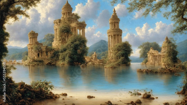 Obraz digital illustration of ancient Atlantis city ruins with columns and pilars mirroring in lake water surface, cloudy blue sky,trees and plants, generative AI