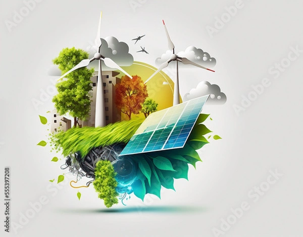 Obraz Renewable energy background with green energy as wind turbines and solar panels. Generative AI