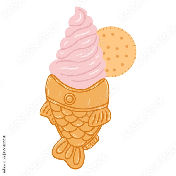 Fototapeta Taiyaki fish-shaped ice cream cone in cartoon flat style. Hand drawn vector illustration of traditional Japanese food, sweet, dessert