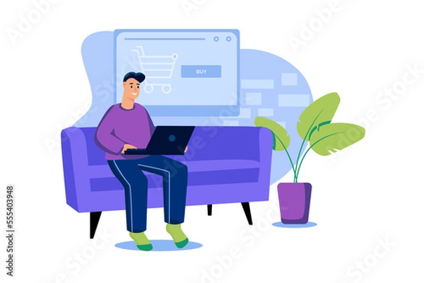 Fototapeta Shopping web concept in flat design. Happy man is sitting on sofa and buying goods at website store using laptop. Customer making purchases, ordering products at home and paying.