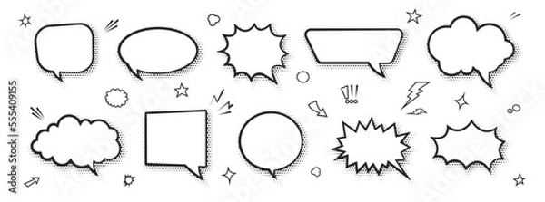 Fototapeta Cartoon empty retro comic style speech bubbles set with black halftone shadows. Hand drawn pop art, vintage speech clouds, thinking bubbles, and conversation text elements. Vector illustration