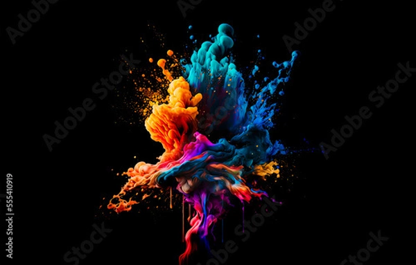 Fototapeta Abstract multicolor fume explosion on black background. Paint clouds on black background illustration. Colorful smoke texture. Generative AI colorfull fume in water illustration.