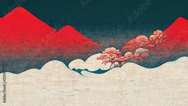 Obraz Red mountains, blue sky and white clouds, modern, retro, traditional and classic Japanese Ukiyo-e style design elements in the style of Katsushika Hokusai with Japanese paper texture generated by Ai