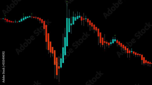 Fototapeta Close-up of the stock price chart with red and green candles on a black background for design. Stock, Cryptocurrency, Forex Chart Template