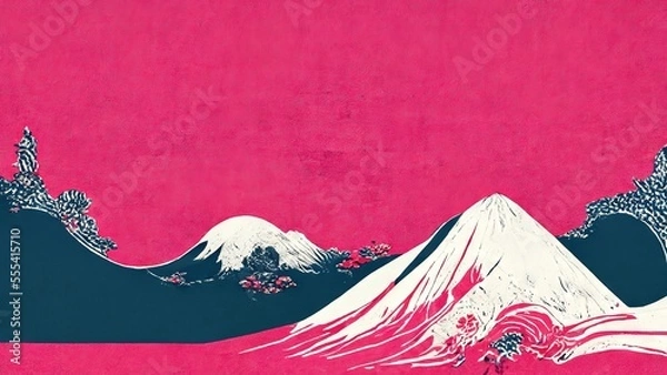 Fototapeta Modern, retro, traditional and classic Japanese Ukiyo-e style design elements in the style of Katsushika Hokusai with cyberpunk style mountains and waves and Japanese paper texture generated by Ai