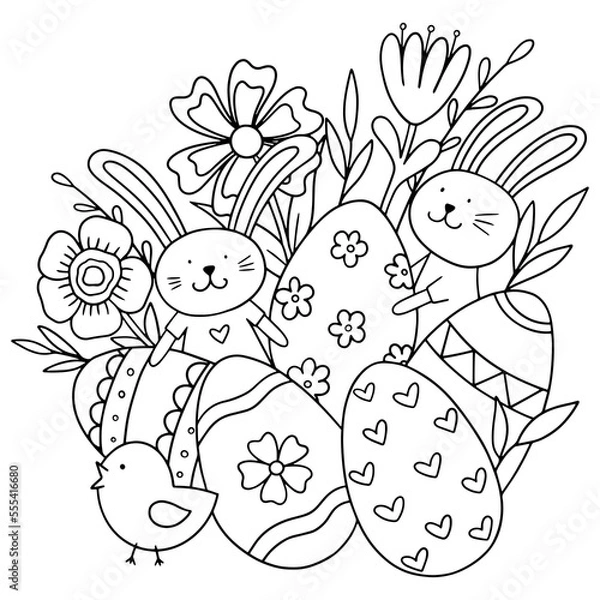 Obraz Easter Coloring. Vector illustration with rabbit, eggs, and flowers isolated on a white background. 