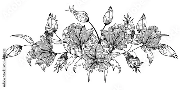 Fototapeta Floral composition, floral background with tender flowers and branches of buds. Hand drawing. For stylized decor, invitations, postcards, posters, cards, backgrounds, as clipart or coloring page. Engr