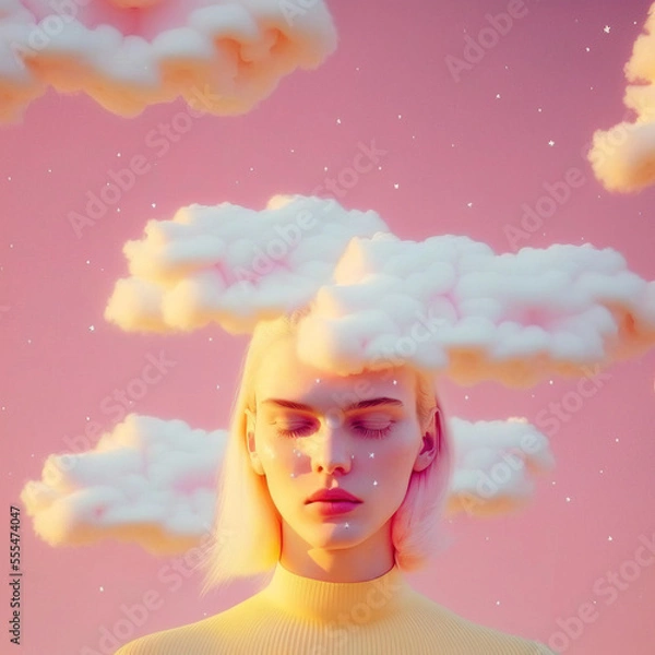 Fototapeta Retro, vintage, abstract collage portrait of a faceless woman with a huge, soft, white cloud on her head. What is in your head? Pastel pink background. Illustration, Generative AI.