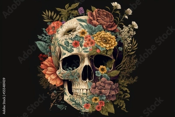 Fototapeta  a skull with flowers on it's head and a black background with a black background and a white skull with flowers on it's head. Generative AI