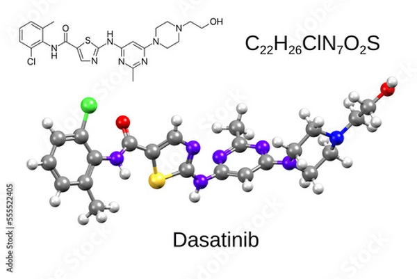 Fototapeta Chemical formula, skeletal formula and 3D ball-and-stick model of a chemotherapeutic drug dasatinib