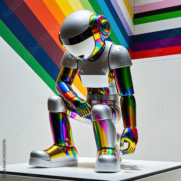 Fototapeta Shiny metal robot sculpture at a white room gallery exhibit illustration made with Generative AI