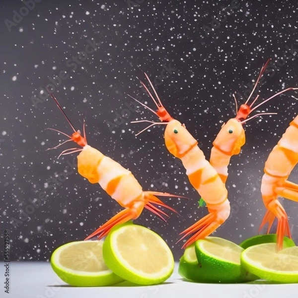 Obraz shrimp new years eve cocktail party with cute dancing shrimp on top of lime slices and a snowy background. generative ai