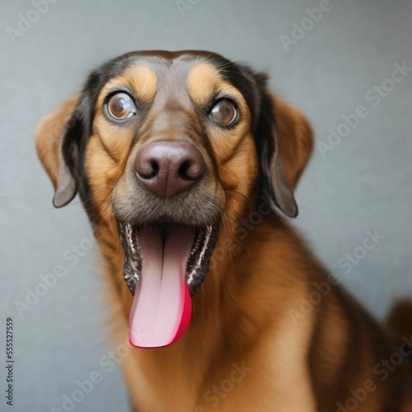 Obraz Portrait illustration of a funny dog's face with a surprised expression opening its mouth with its tongue hanging out and wide eyes. Generative AI