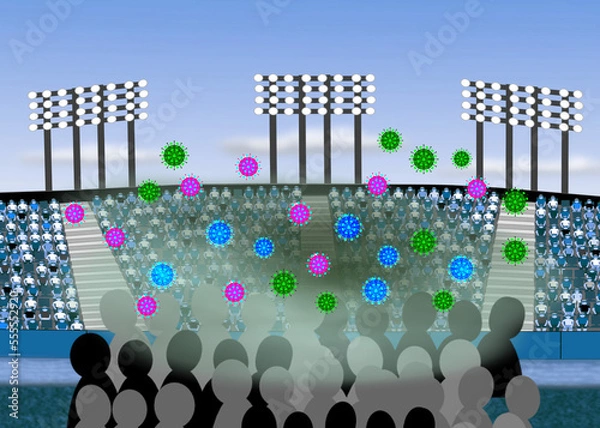 Obraz Illustration of coronavirus viral aerosol cloud with droplets particles in air produced by crowds of people spreading virus at event during a pandemic