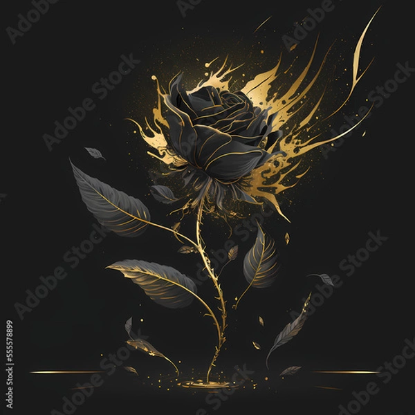 Fototapeta Beautiful fancy gold-plated black rose on a solid background, digital illustration (AI)
