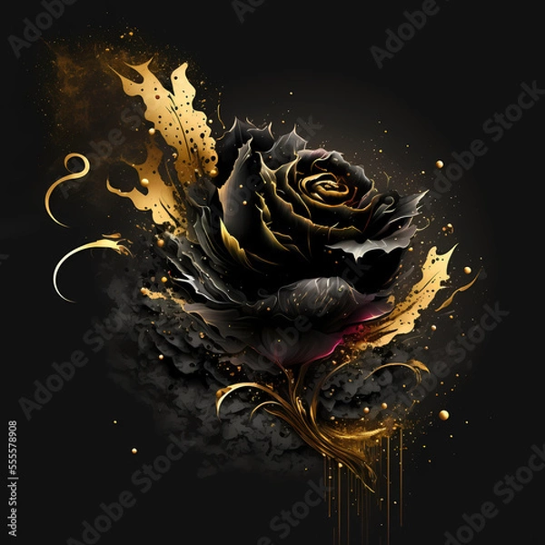 Fototapeta Beautiful fancy gold-plated black rose on a solid background, digital illustration (AI)