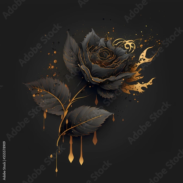 Fototapeta Beautiful fancy gold-plated black rose on a solid background, digital illustration (AI)